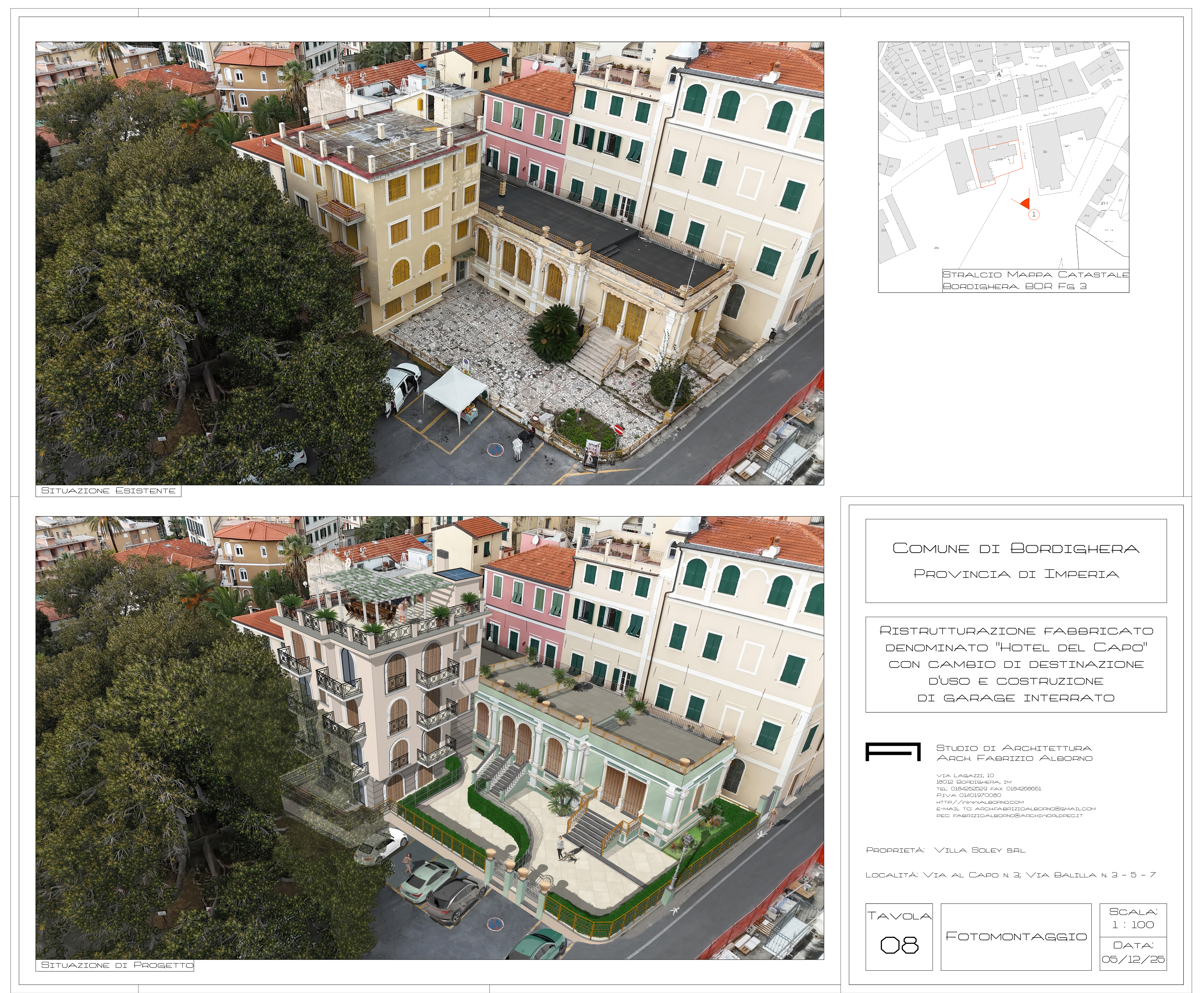 Ristrutturazione con cambio destinazione d’uso dell’ex Hotel del Capo e costruzione garage interrato – Bordighera (IM) – 2025/2026 – In iter